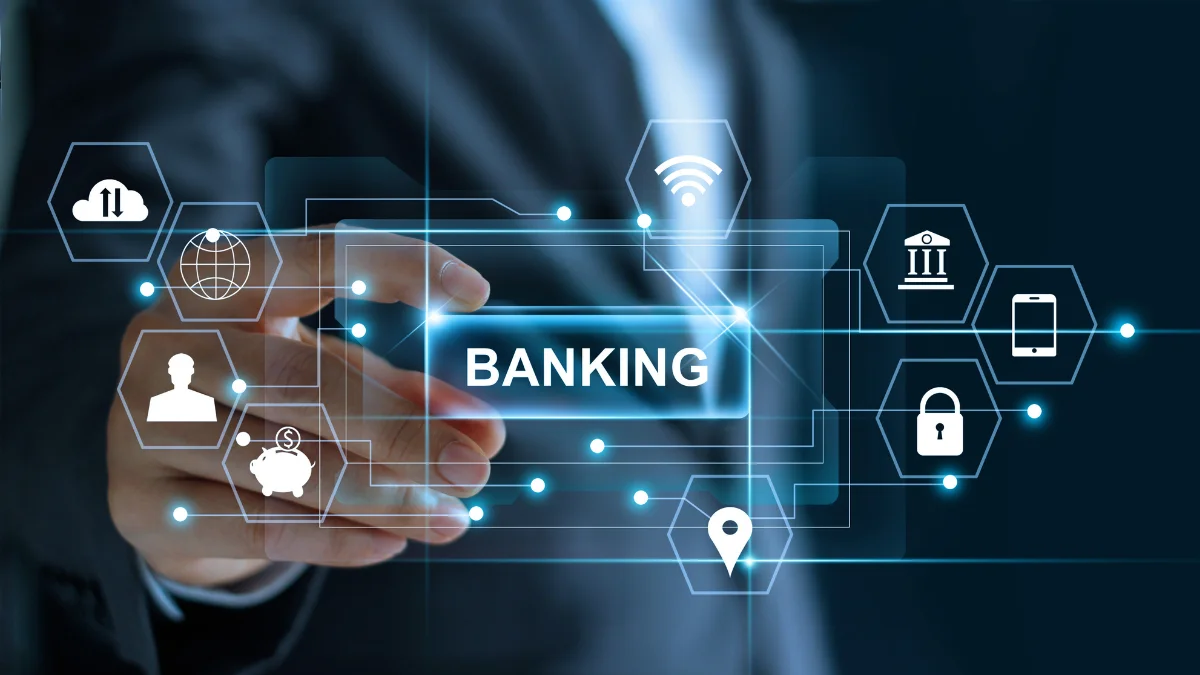 Digital futuristic background displaying banking and financial technology icons with overlay text for FiNJANTA microfinance banking system.