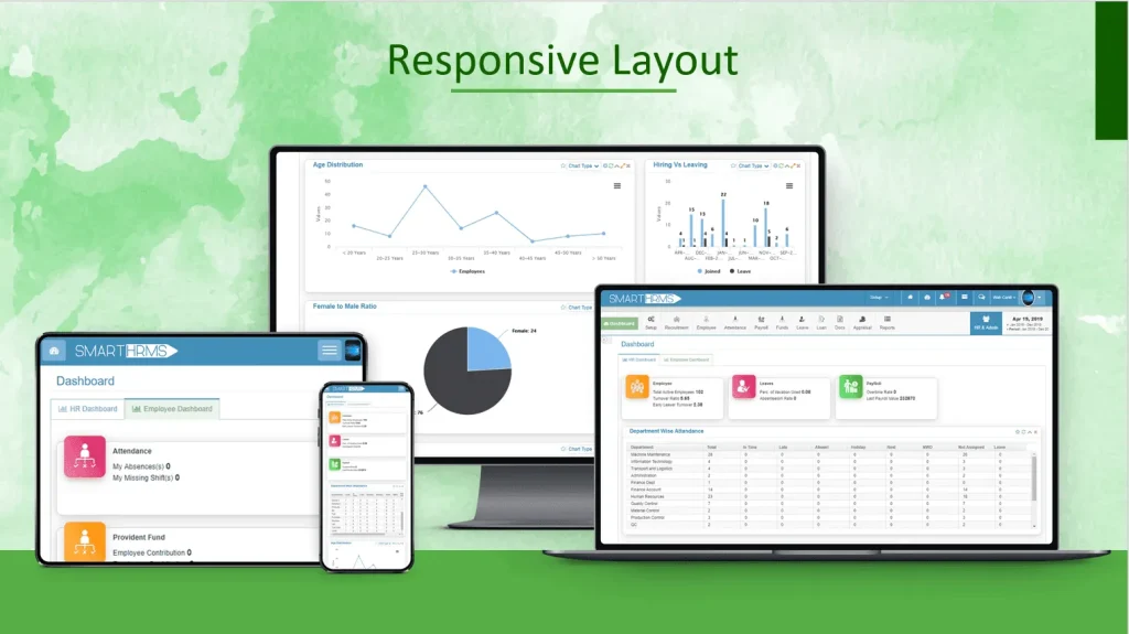 Showcase of the EmpLeap Smart HRMS software displayed on multiple devices including a desktop monitor, tablet, and smartphone showing responsive dashboard interfaces.
