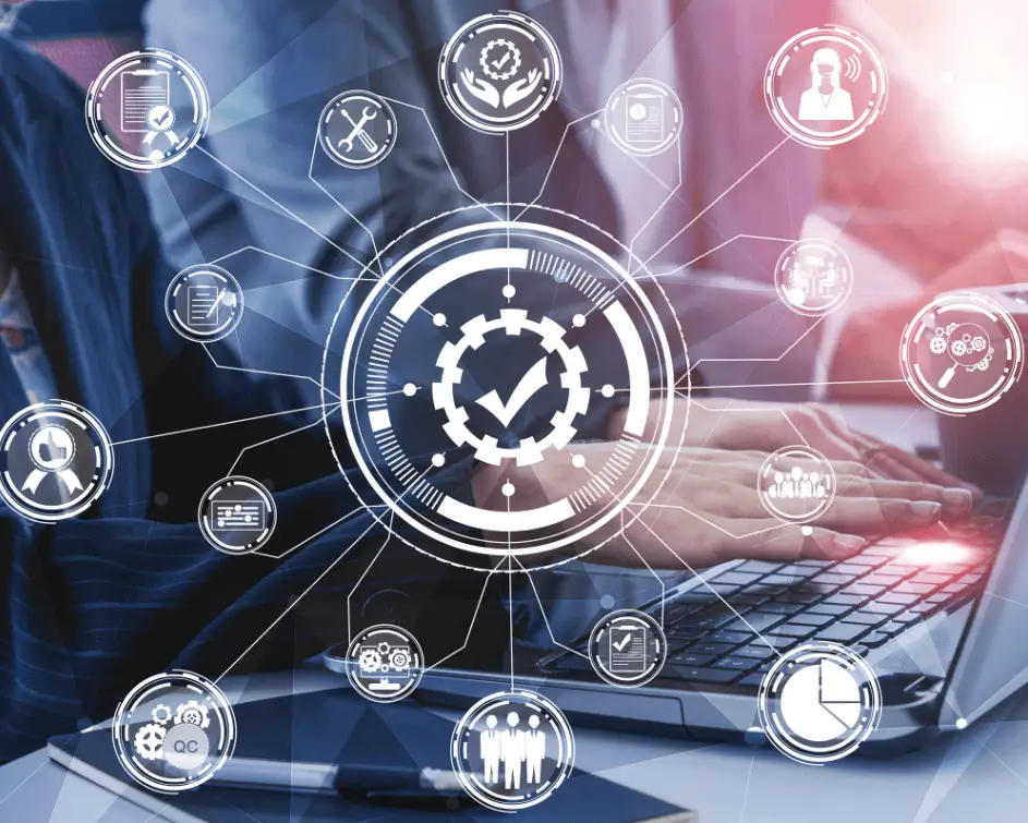 Digital interface graphic displaying software quality assurance targets, compliance icons, and testing metrics for financial applications