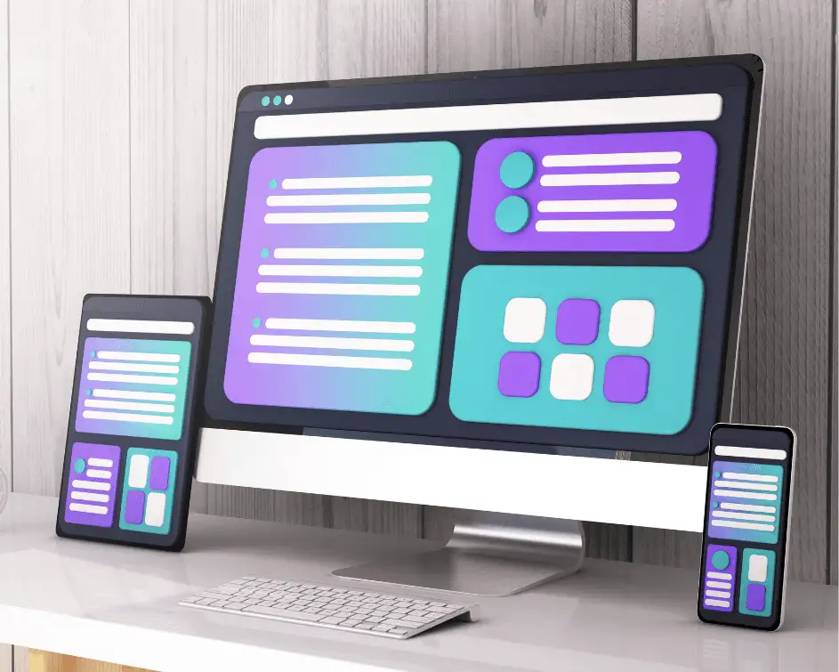 Desktop monitor and mobile device showing responsive software application layouts across different screens and operating systems