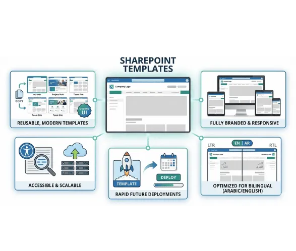 Infographic illustrating custom SharePoint templates featuring responsive branding, accessibility, rapid deployment, and bilingual English and Arabic support