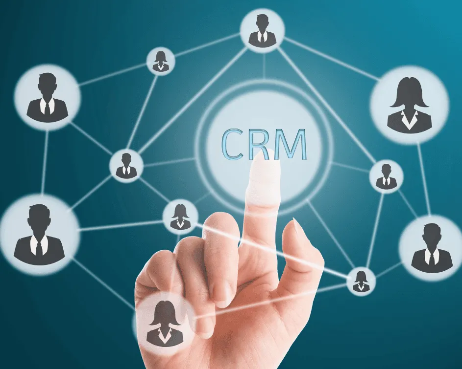 Digital diagram of connected user profiles around CRM text representing Dynamics 365 customer relationship management