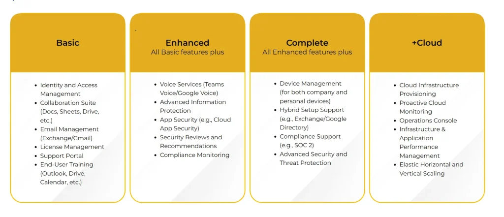 Infographic comparing FiNASAL Managed IT service packages including Basic, Enhanced, Complete, and Cloud Add-On options