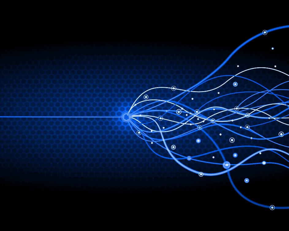 Digital graphic illustrating interconnected data nodes and secure network infrastructure for banking CRM transformations