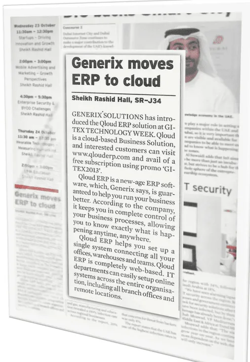 Newspaper clip of GITEX TIMES Magazine front page featuring an article titled "Generix moves ERP to cloud" highlighting Qloud ERP innovation at GITEX Technology Week.