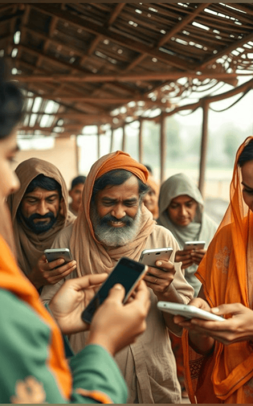 Group of rural community members gathering under a shelter while using mobile phones, illustrating digital transformation and community inclusion.