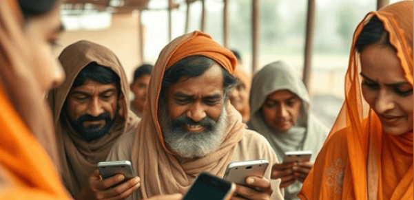 Group of rural community members gathering under a shelter while using mobile phones, illustrating digital transformation and community inclusion.