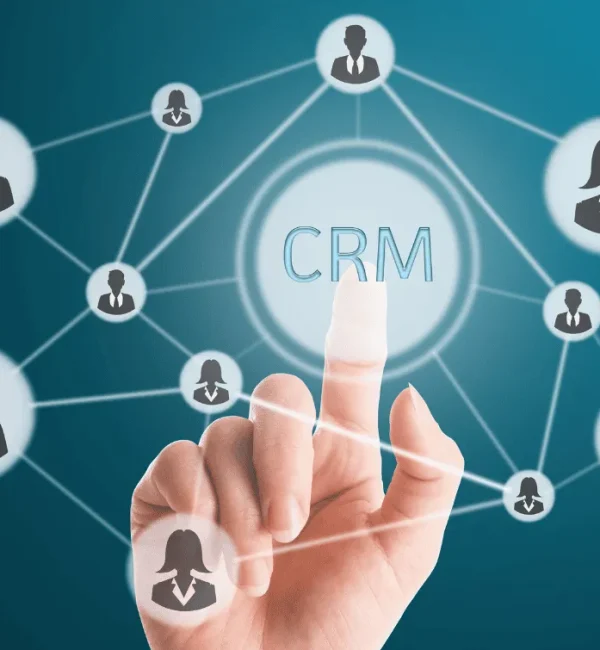 Digital diagram of connected user profiles around CRM text representing Dynamics 365 customer relationship management