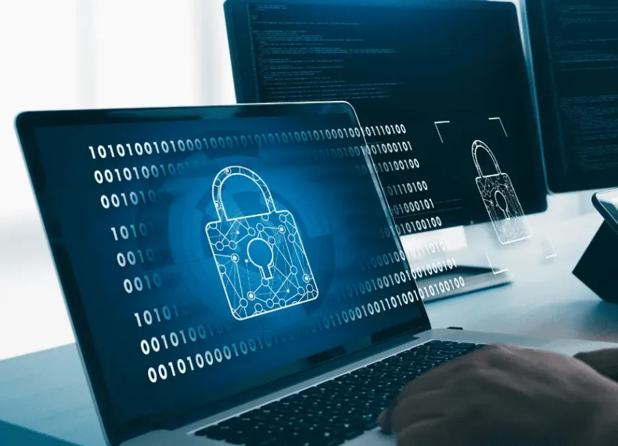 Digital padlock graphic on laptop screen representing cyber security, penetration testing, and vulnerability assessments