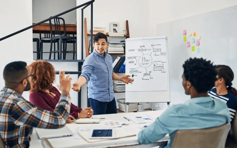 IT consultant explaining strategic project planning and roadmap on a whiteboard during a client discovery session