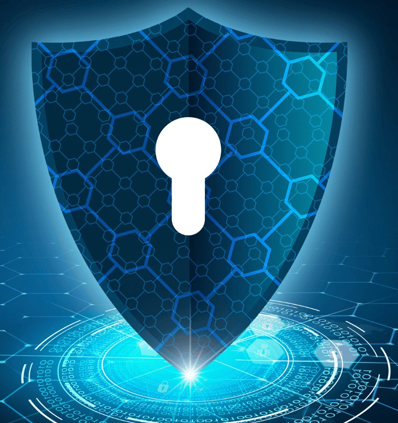Digital security padlock and shield icon representing DevSecOps, data encryption, and compliance controls for banking software